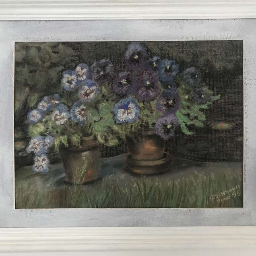 Pansies. A pastel drawing behind glass by A Seymour. 1995