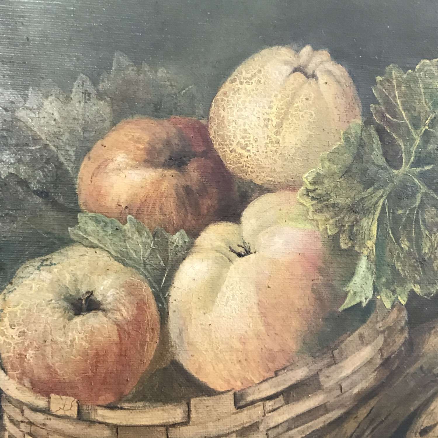 Pair of Arts & Crafts era Still Life oil paintings of fruit in decorat