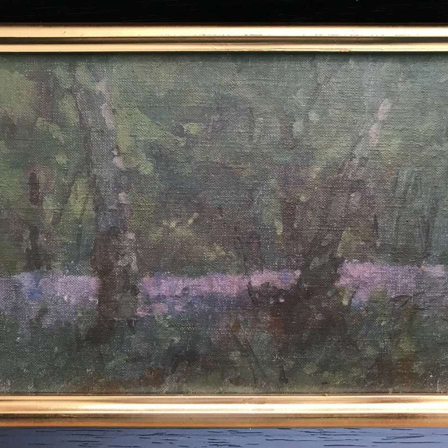 Oil on board painting of a bluebell wood by Ronald Benham