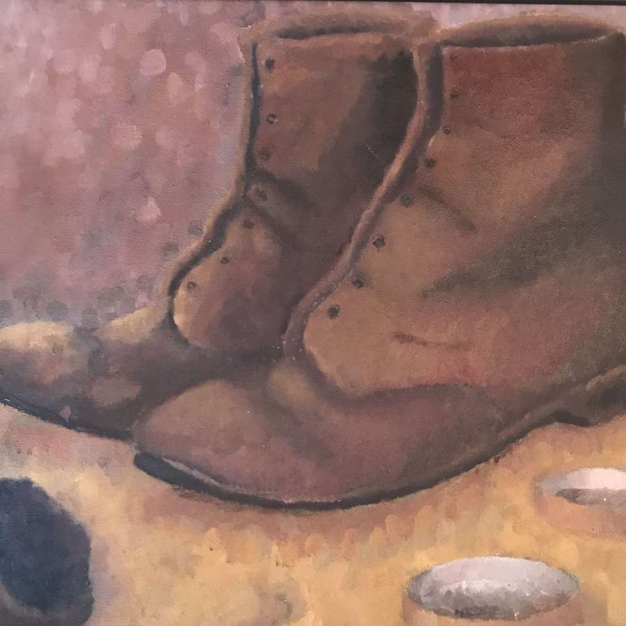 Oil on canvas of a pair of brown boots