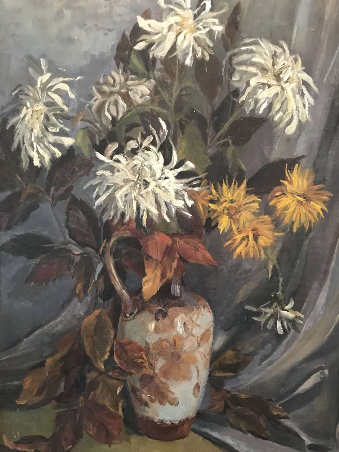Oil on board of Chrysanthemums in a jug.