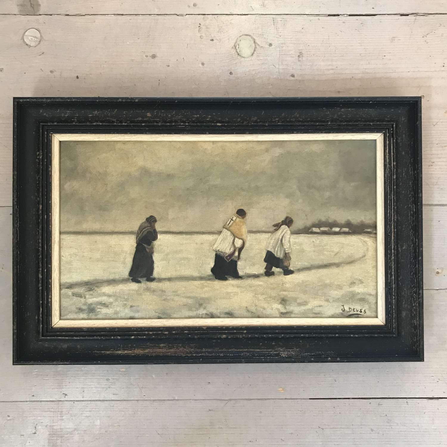 Religious painting of a priest walking through snow
