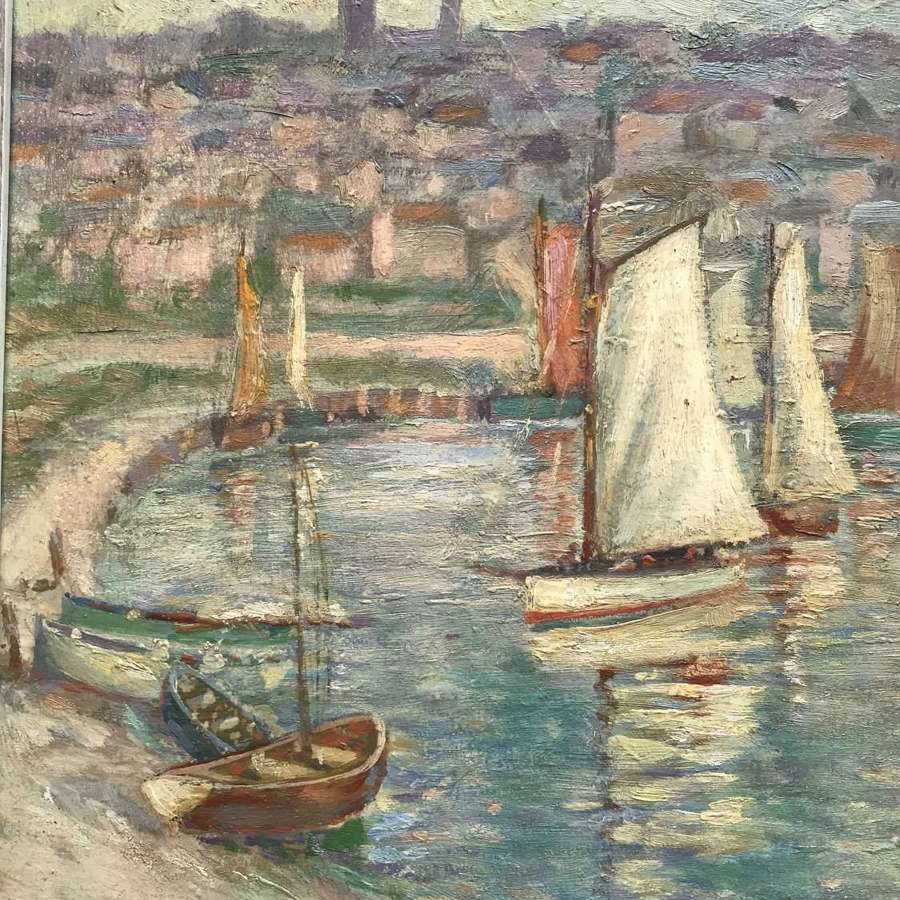 1950 oil painting of a coastal village with sailing boats