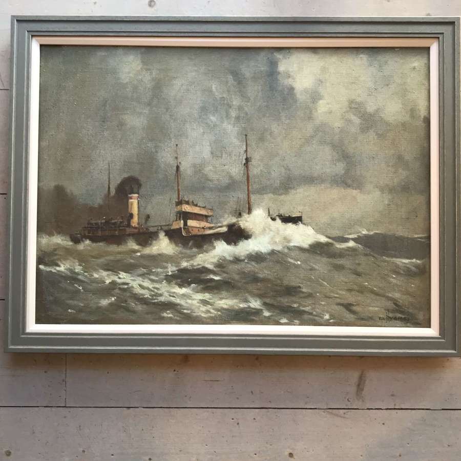 1930s coastal steamship in a rough sea. Oil painting.