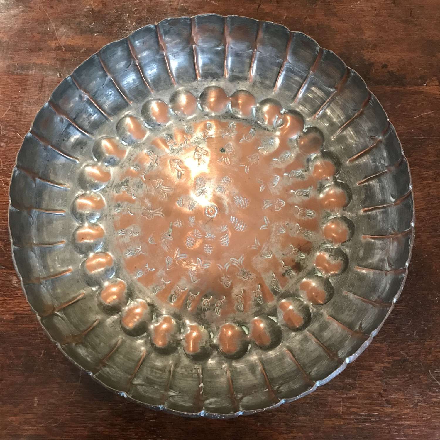 Large Iranian hand beaten decorative copper & silver bowl