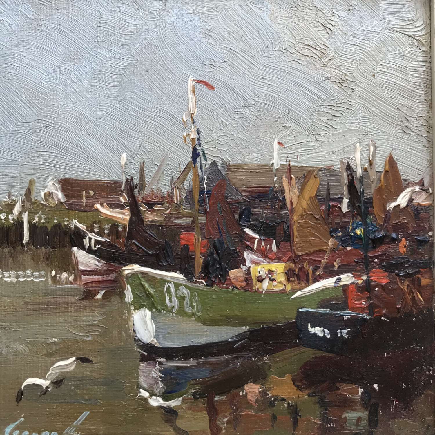 Colourful oil painting of fishing boats in a harbour.