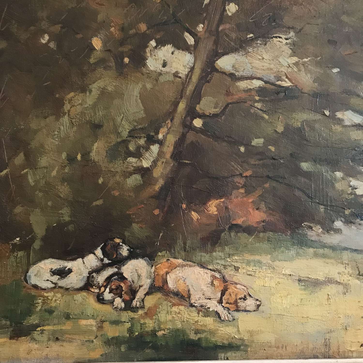 Oil painting of hound dogs resting in a woodland setting by A Smets