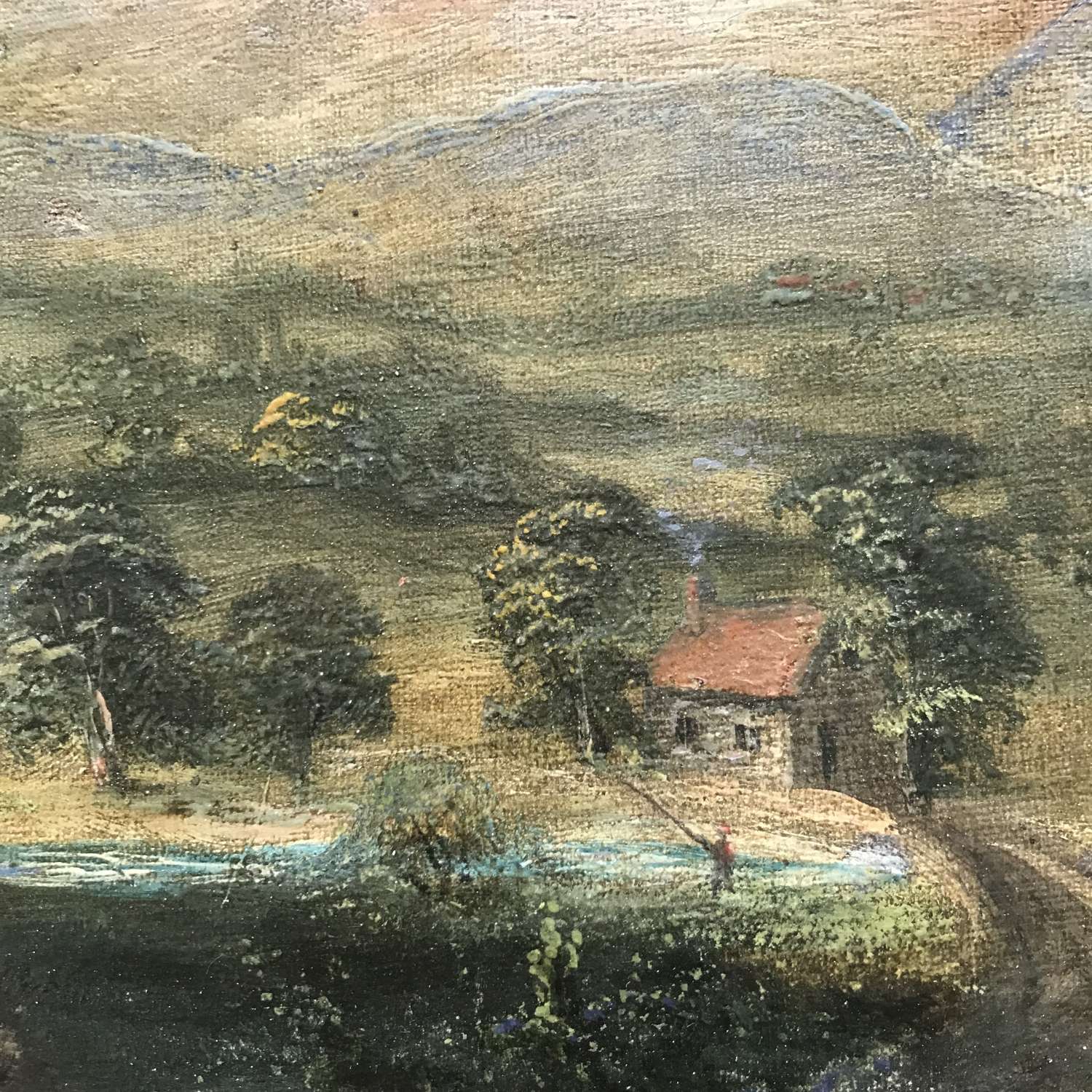 18th century oil on canvas of a fly fisherman in a rural landscape by