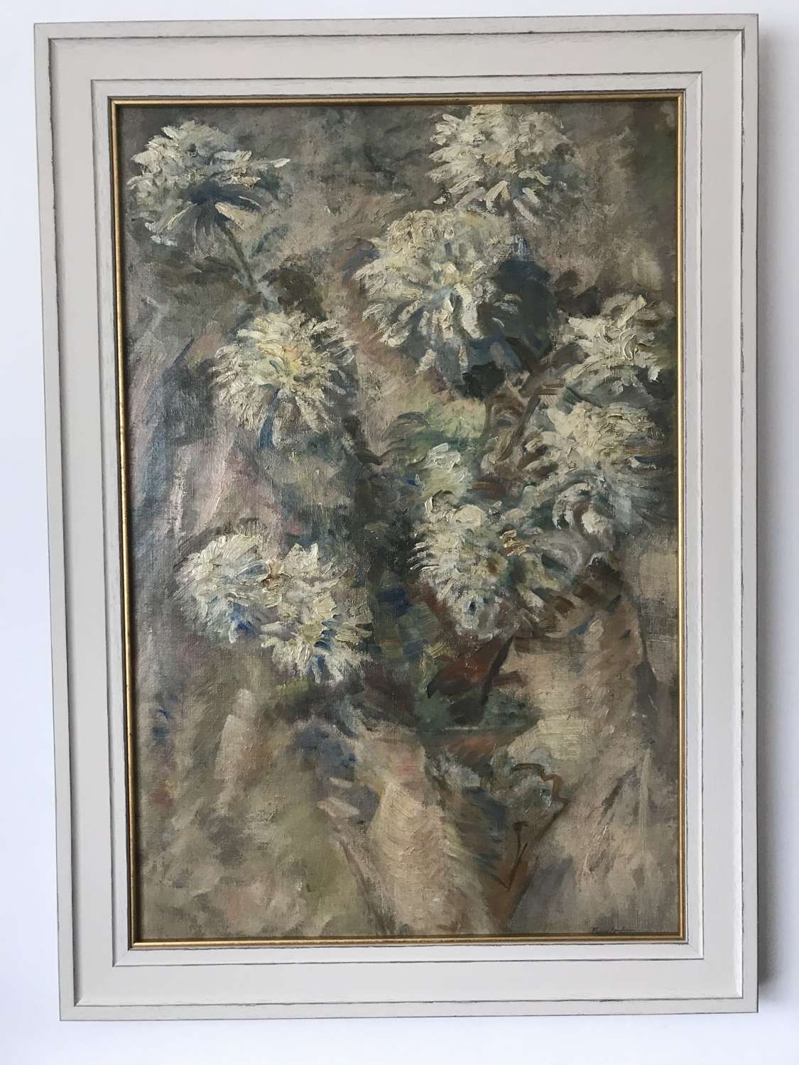 Large mid century Floral oil painting of Dahlias. Signed