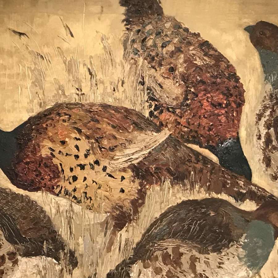 Oil painting of pheasants & English partridges feeding.