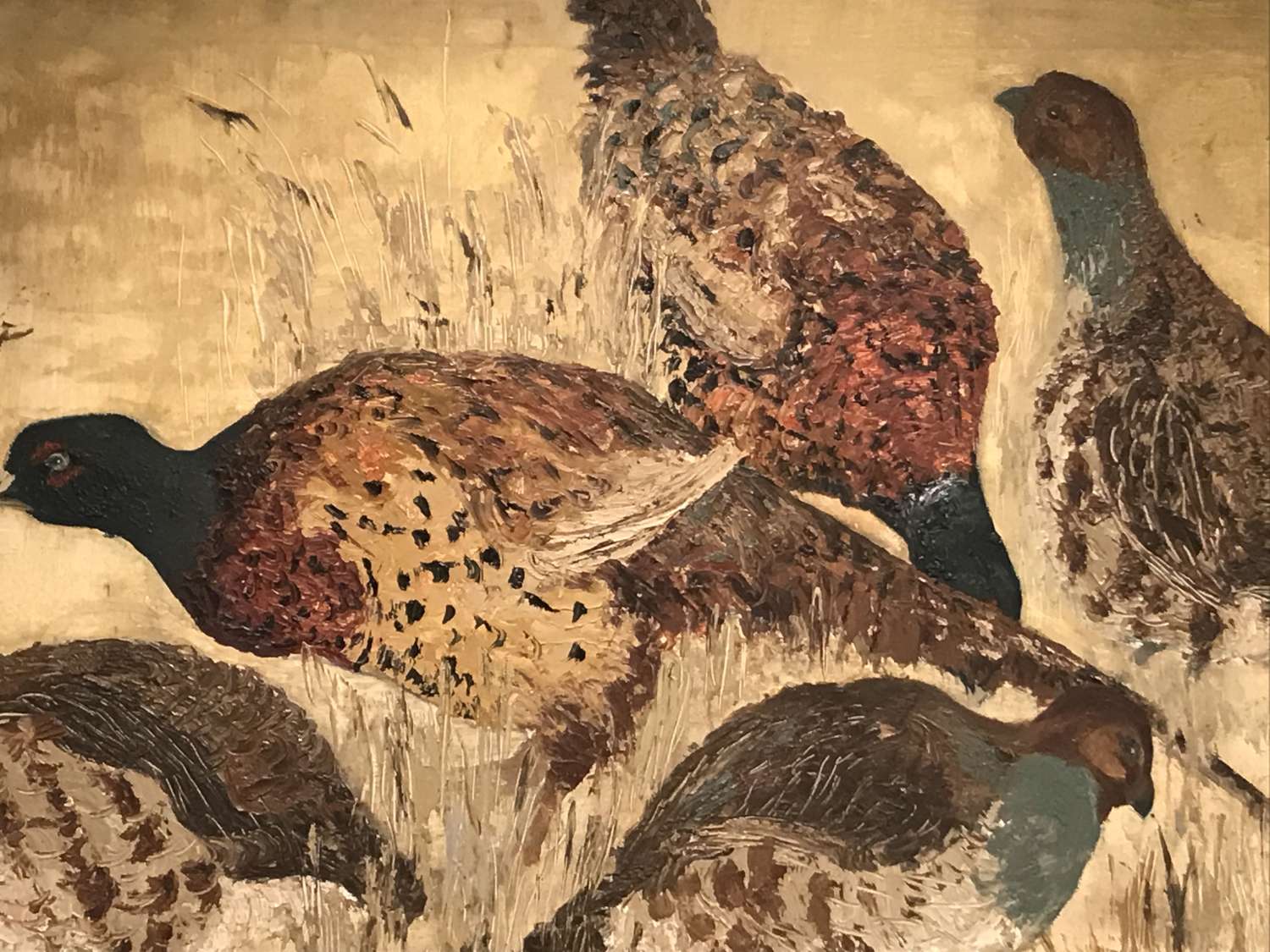 Oil painting of pheasants & English partridges feeding.