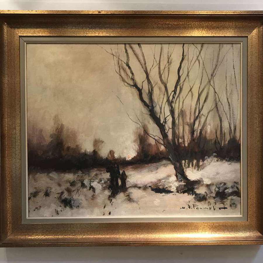 Winter landscape oil painting. Indistinctly signed