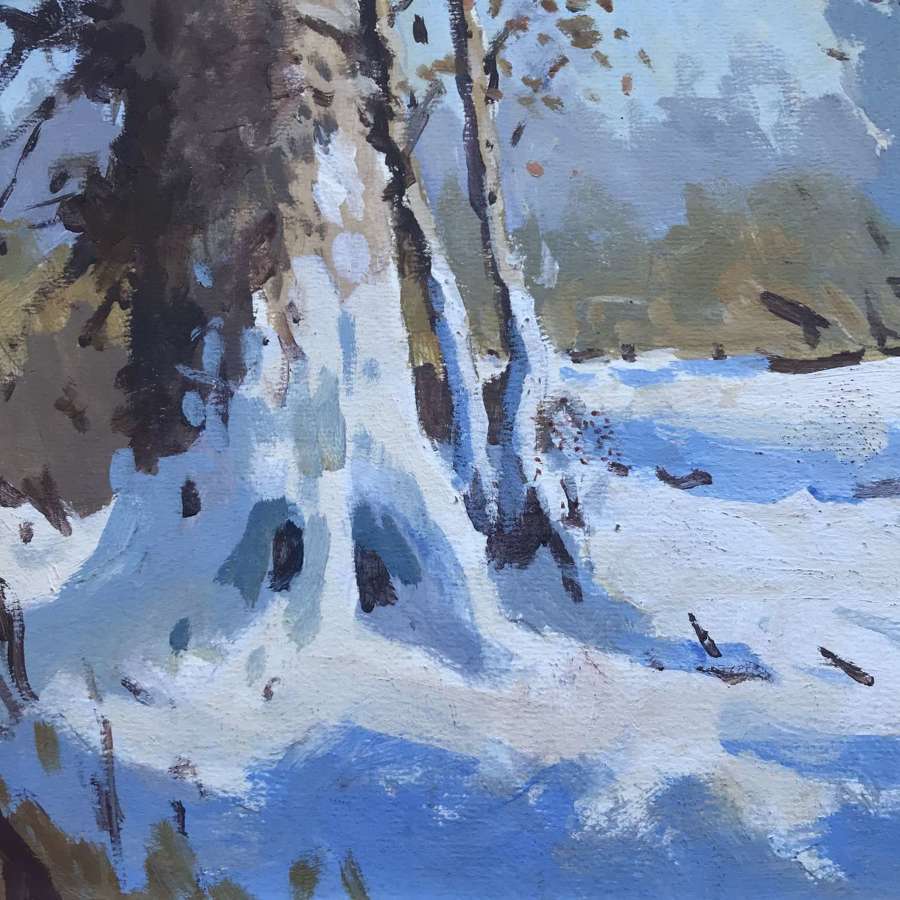 Snowy woodland landscape by Arthur Gee. Oil painting.