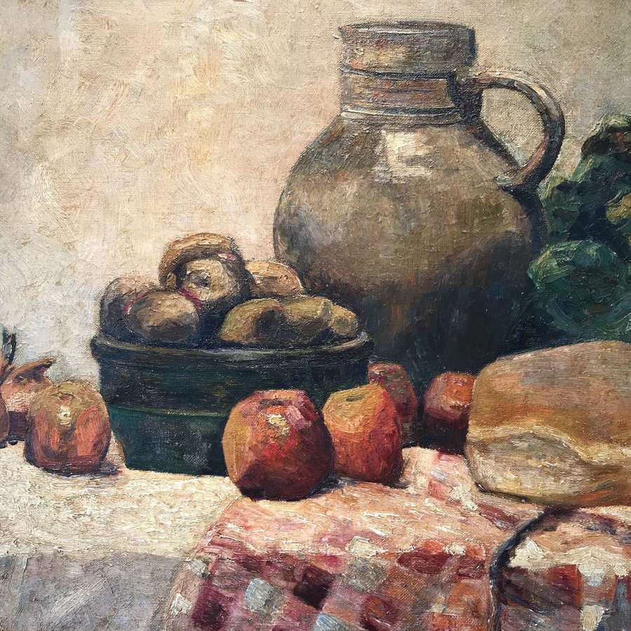 Large scale still life rustic tablescape in the manner of Cezanne