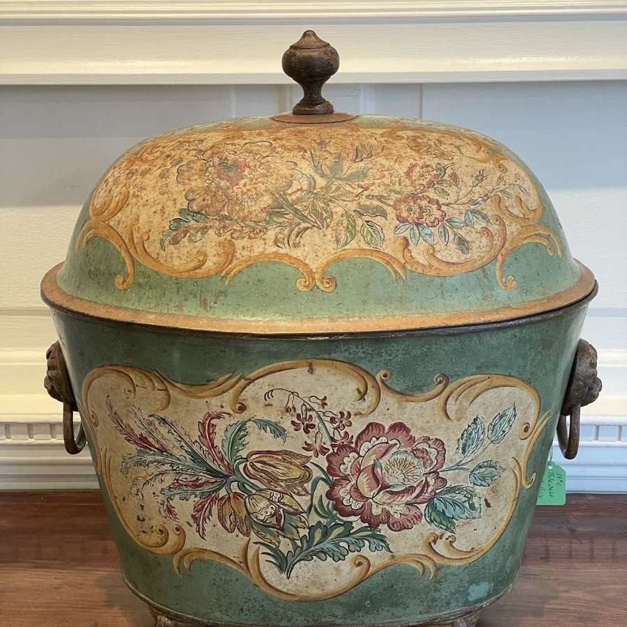 19th century hand painted Toleware coal box with lions paw feet
