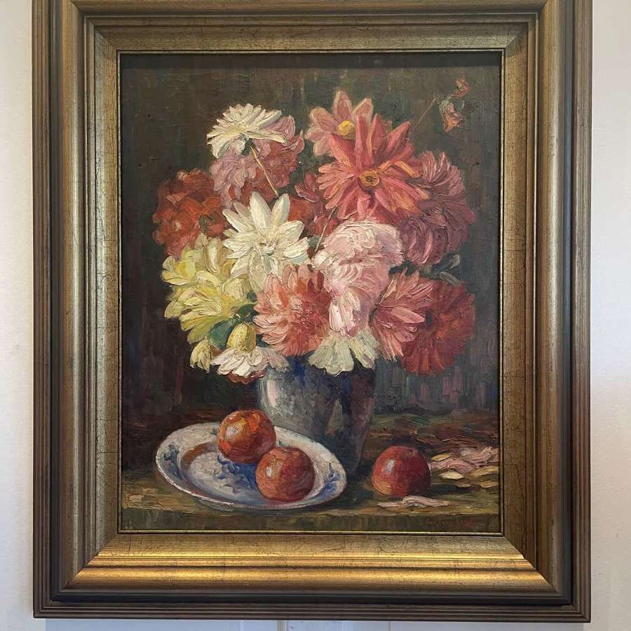 Floral oil painting of Dahlias. Belgian mid 20th century
