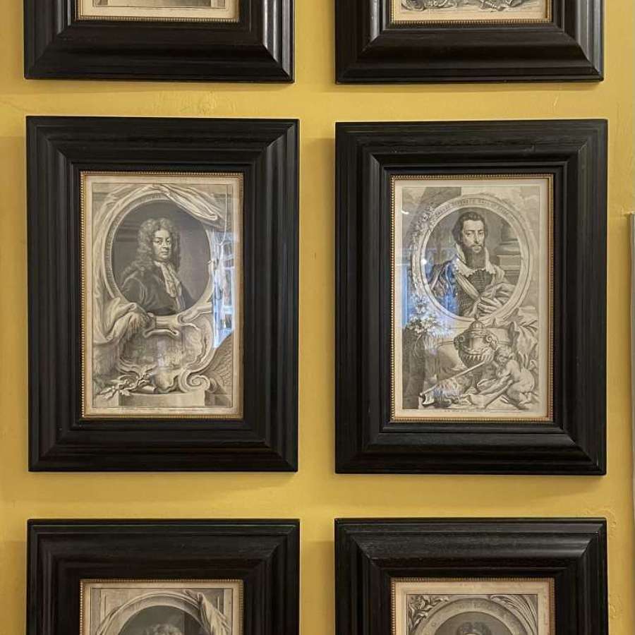6 framed 18thc  etchings of Kings & nobility